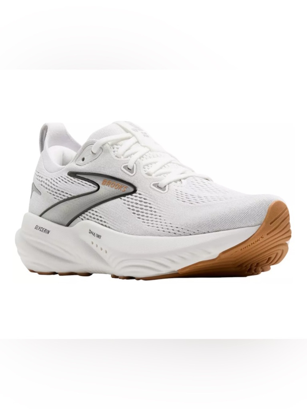 NWT Brooks Glycerin 22 women’s  White Running Shoe with Gum Toe and Gray Accents